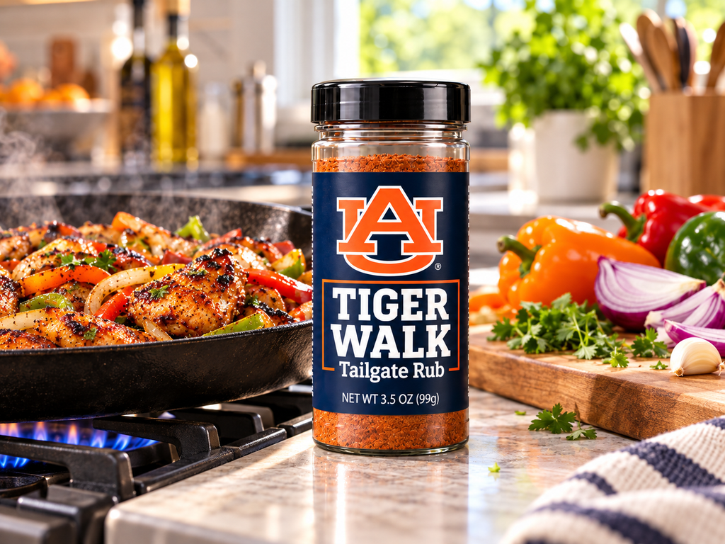 Tiger Walk Tailgate Rub with grilled chicken and vegetables in a home kitchen