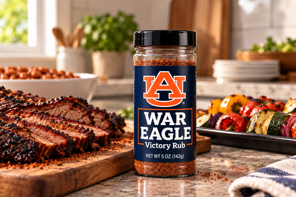 War Eagle Victory Rub with sliced barbecue brisket and grilled vegetables