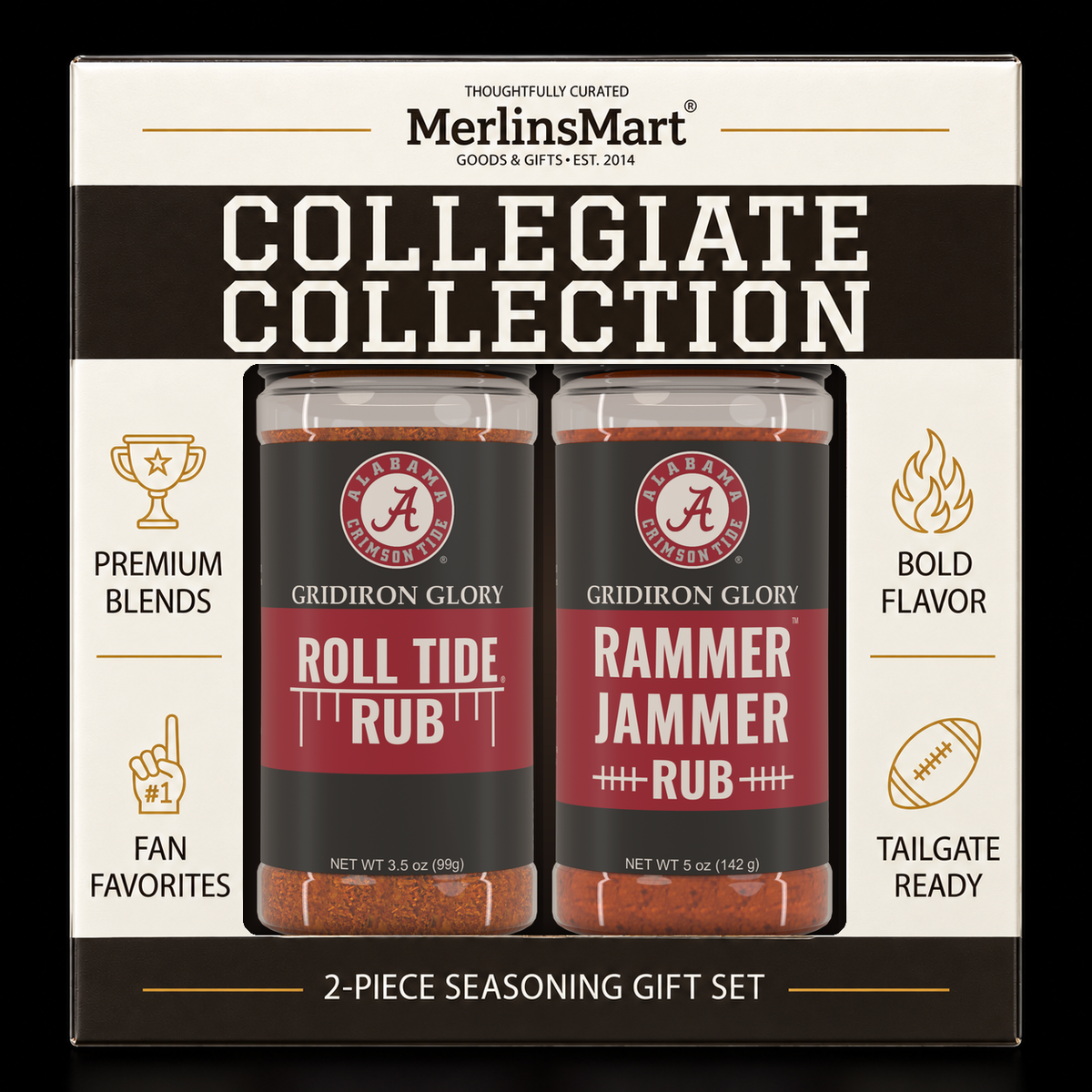 MerlinsMart Crimson Tide Gift Set: Roll Tide Rub and Rammer Jammer Rub, officially licensed 2-flavor BBQ seasoning gift box