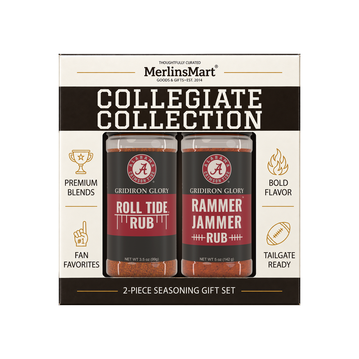 MerlinsMart Crimson Tide Gift Set: Roll Tide Rub and Rammer Jammer Rub, officially licensed 2-flavor BBQ seasoning gift box