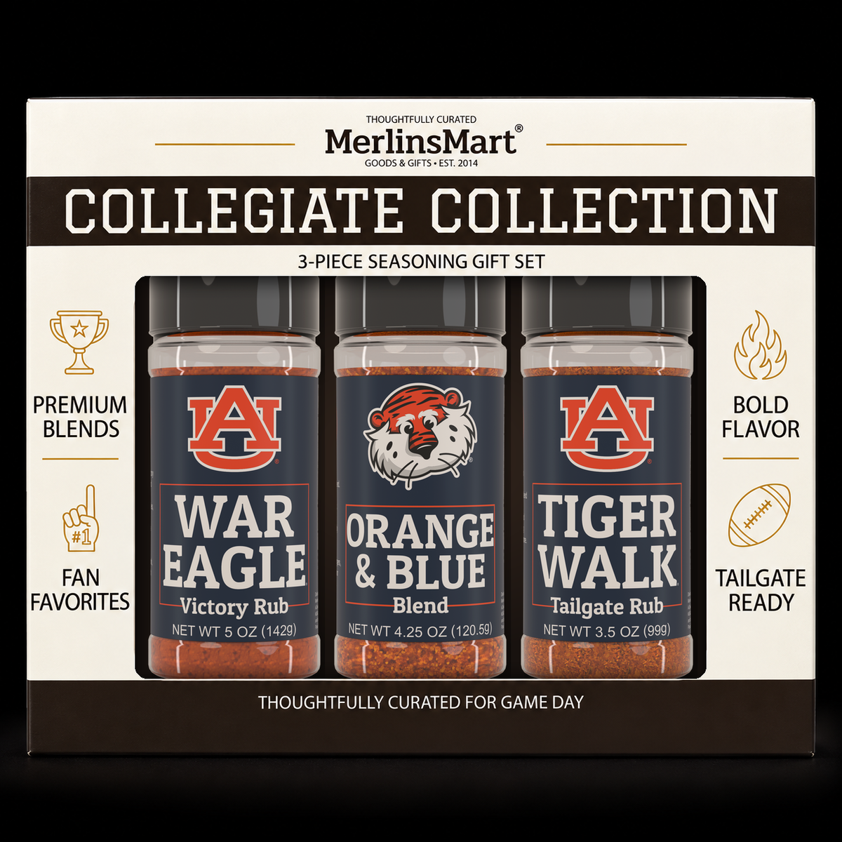 MerlinsMart Auburn 3-Flavor Gift Set: War Eagle Victory Rub, Orange and Blue Blend and Tiger Walk Tailgate Rub, officially licensed BBQ seasoning gift box