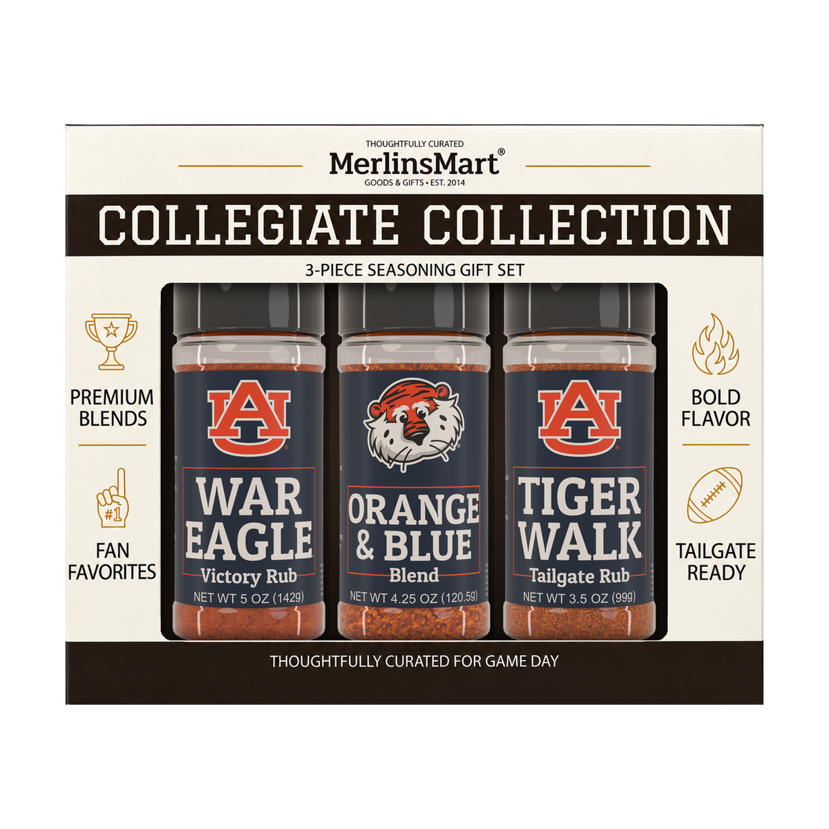 MerlinsMart Auburn 3-Flavor Gift Set: War Eagle Victory Rub, Orange and Blue Blend and Tiger Walk Tailgate Rub, officially licensed BBQ seasoning gift box