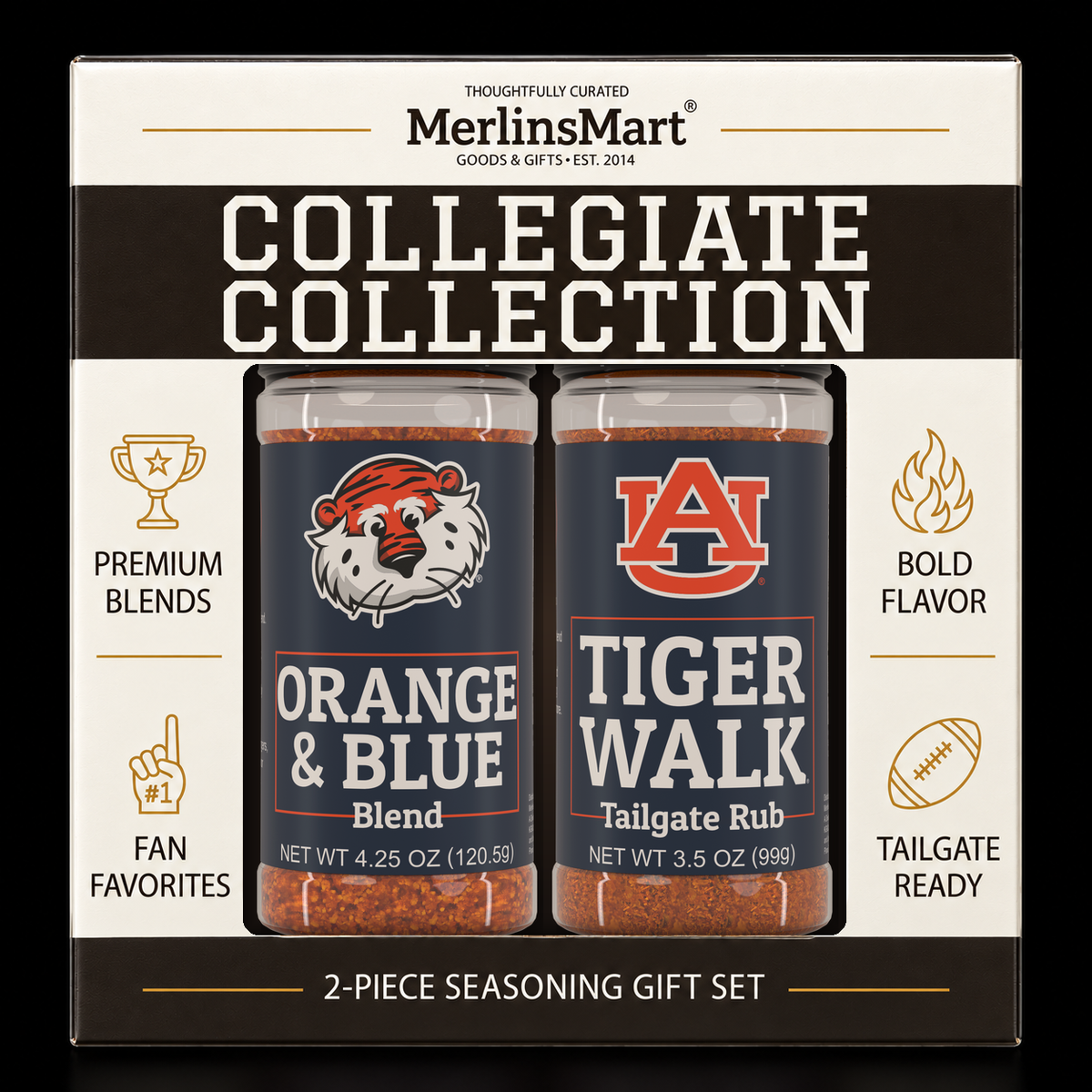 MerlinsMart Auburn Gift Set: Orange & Blue Blend and Tiger Walk Tailgate Rub, officially licensed 2-flavor BBQ seasoning gift box