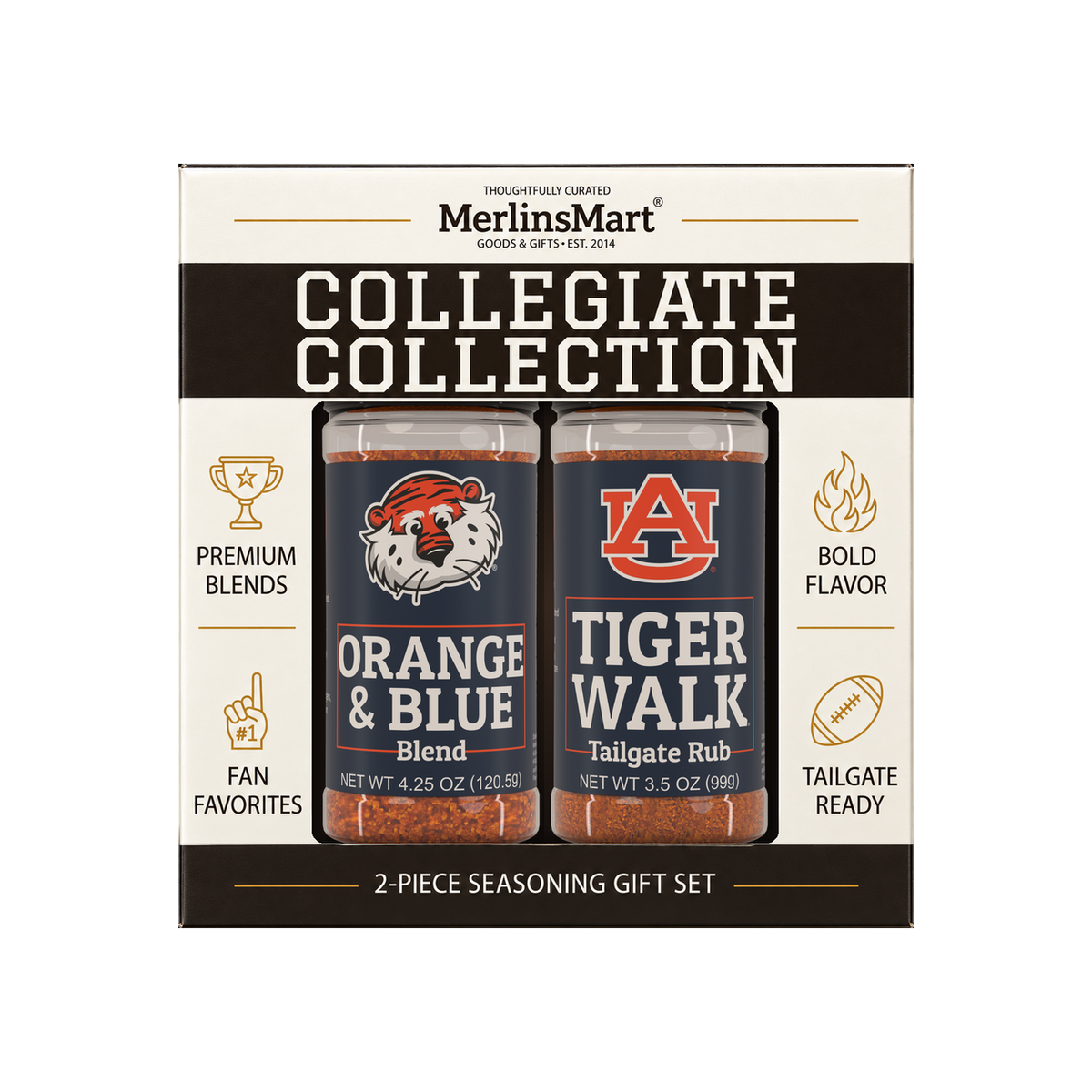 MerlinsMart Auburn Gift Set: Orange & Blue Blend and Tiger Walk Tailgate Rub, officially licensed 2-flavor BBQ seasoning gift box