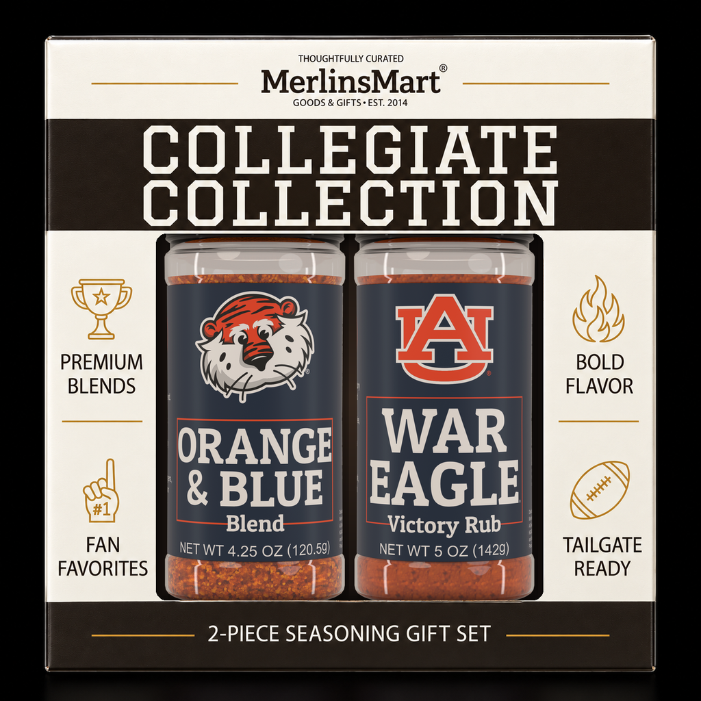 MerlinsMart Auburn Gift Set: Orange & Blue Blend and War Eagle Victory Rub, officially licensed 2-flavor BBQ seasoning gift box