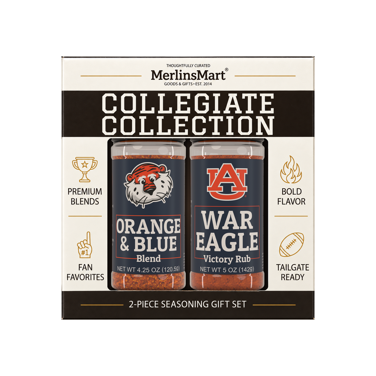 MerlinsMart Auburn Gift Set: Orange & Blue Blend and War Eagle Victory Rub, officially licensed 2-flavor BBQ seasoning gift box