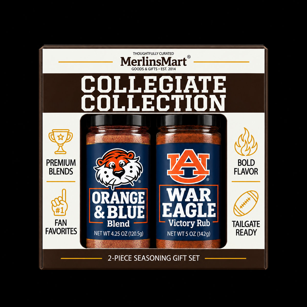 MerlinsMart Auburn Gift Set: Orange & Blue Blend and War Eagle Victory Rub, officially licensed 2-flavor BBQ seasoning gift box