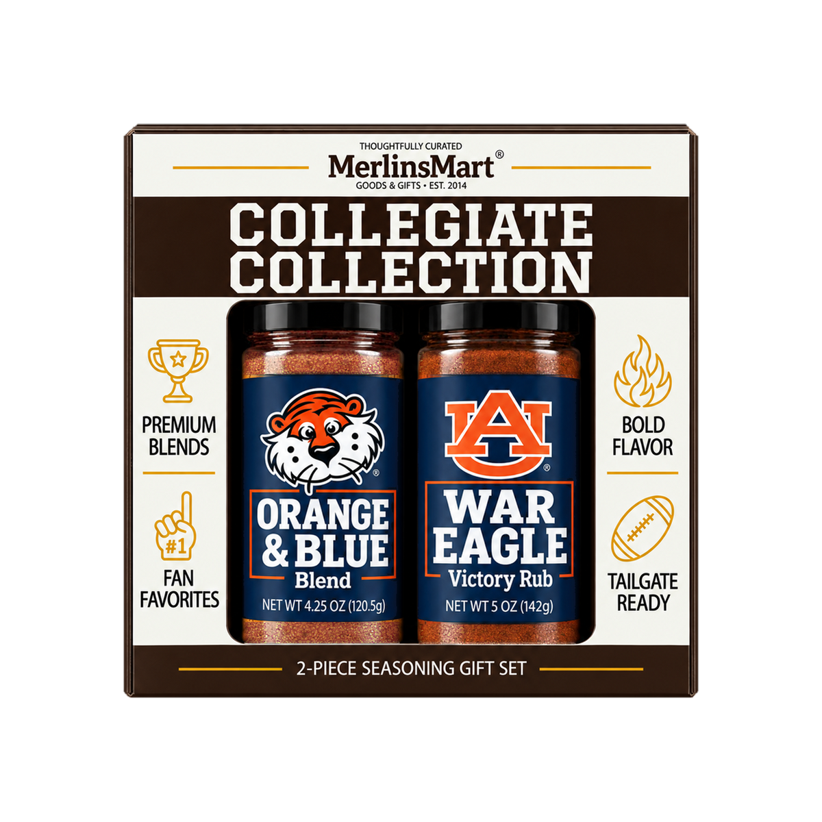 MerlinsMart Auburn Gift Set: Orange & Blue Blend and War Eagle Victory Rub, officially licensed 2-flavor BBQ seasoning gift box