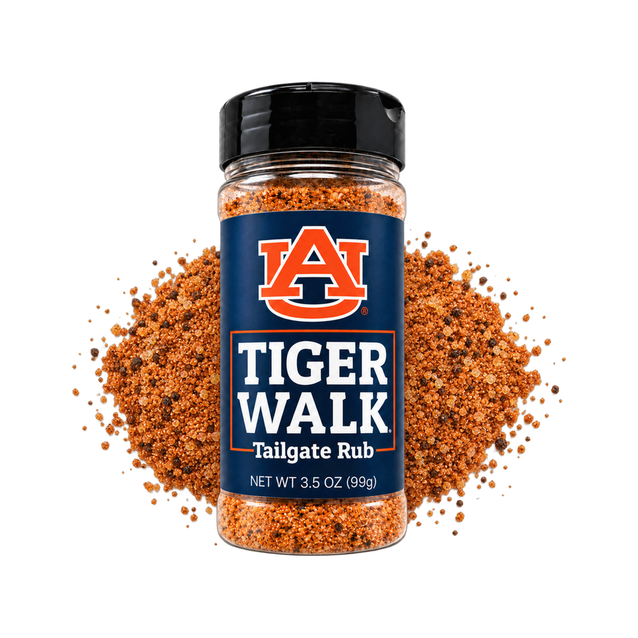 Auburn Tiger Walk Tailgate Rub jar on a pile of seasoning