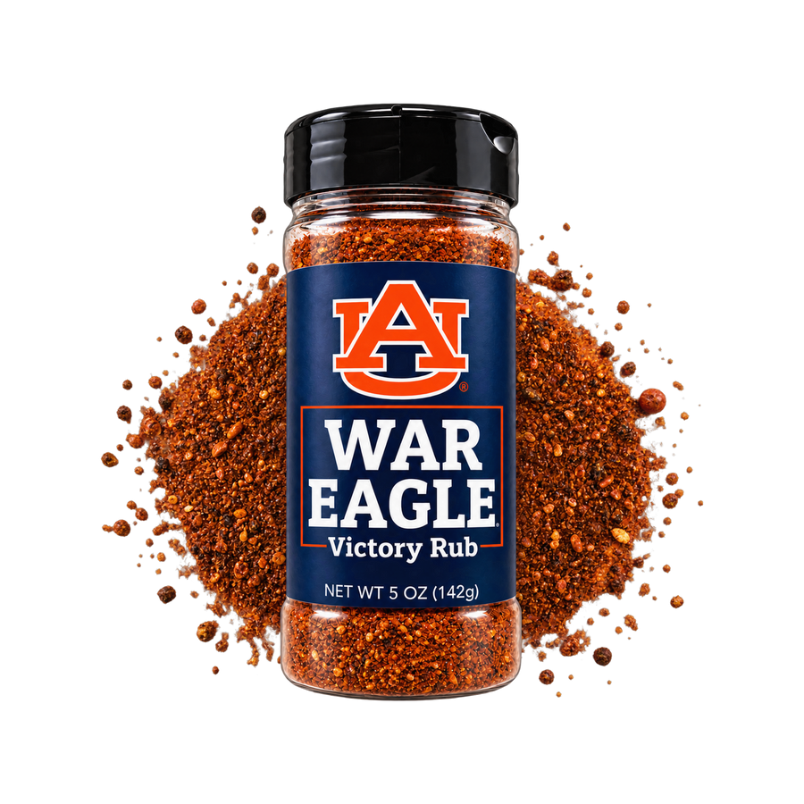 Auburn War Eagle Victory Rub jar on a pile of seasoning