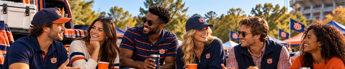 Auburn fans laughing together at a tailgate