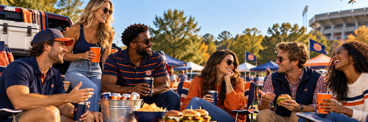 Auburn fans gathered at a golden-hour tailgate