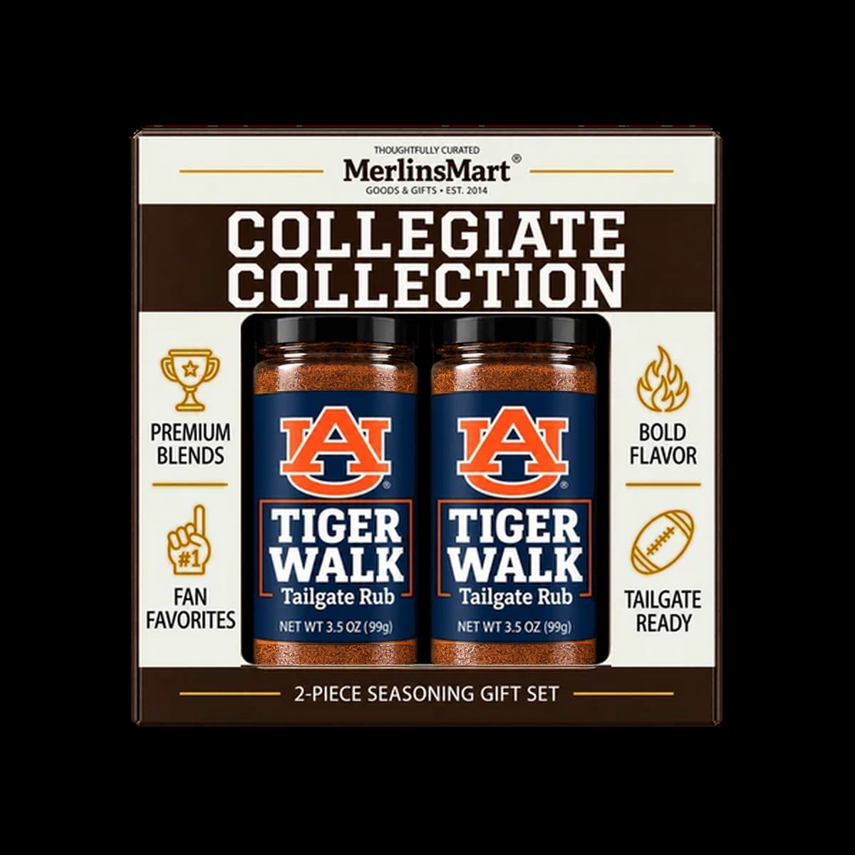 MerlinsMart Tiger Walk Tailgate Rub 2-count gift box, Auburn officially licensed BBQ seasoning
