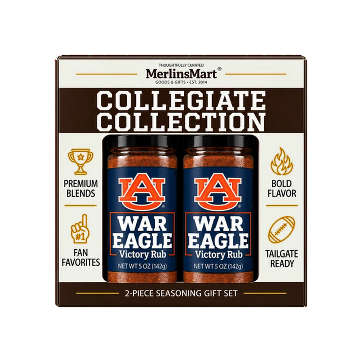 MerlinsMart War Eagle Victory Rub 2-count gift box, Auburn officially licensed BBQ seasoning