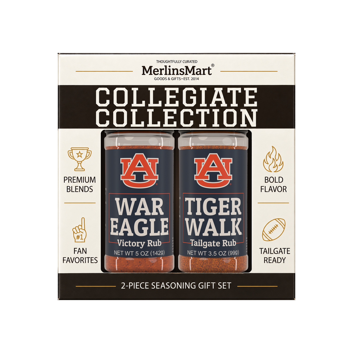 MerlinsMart Auburn Gift Set: War Eagle Victory Rub and Tiger Walk Tailgate Rub, officially licensed 2-flavor BBQ seasoning gift box