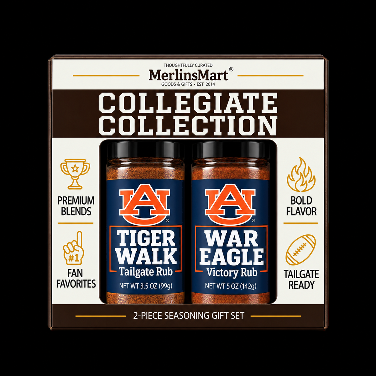 MerlinsMart Auburn Gift Set: War Eagle Victory Rub and Tiger Walk Tailgate Rub, officially licensed 2-flavor BBQ seasoning gift box