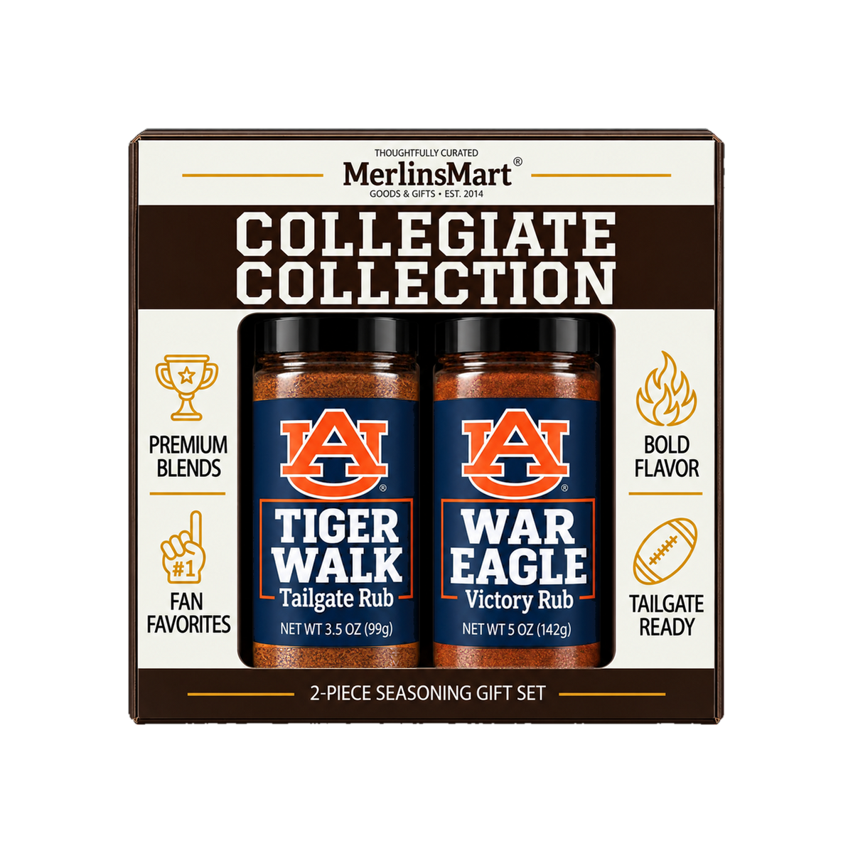 MerlinsMart Auburn Gift Set: War Eagle Victory Rub and Tiger Walk Tailgate Rub, officially licensed 2-flavor BBQ seasoning gift box