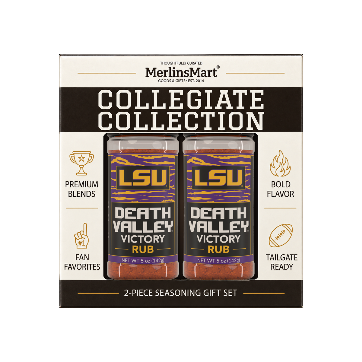 MerlinsMart Death Valley Victory Rub 2-count gift box, LSU officially licensed BBQ seasoning