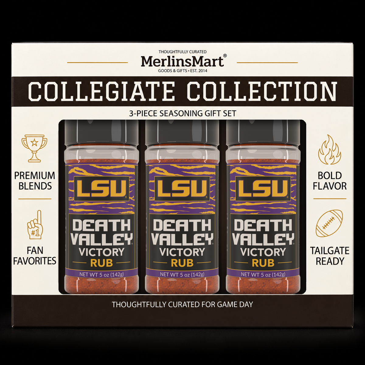 MerlinsMart Death Valley Victory Rub 3-count gift box, LSU officially licensed BBQ seasoning