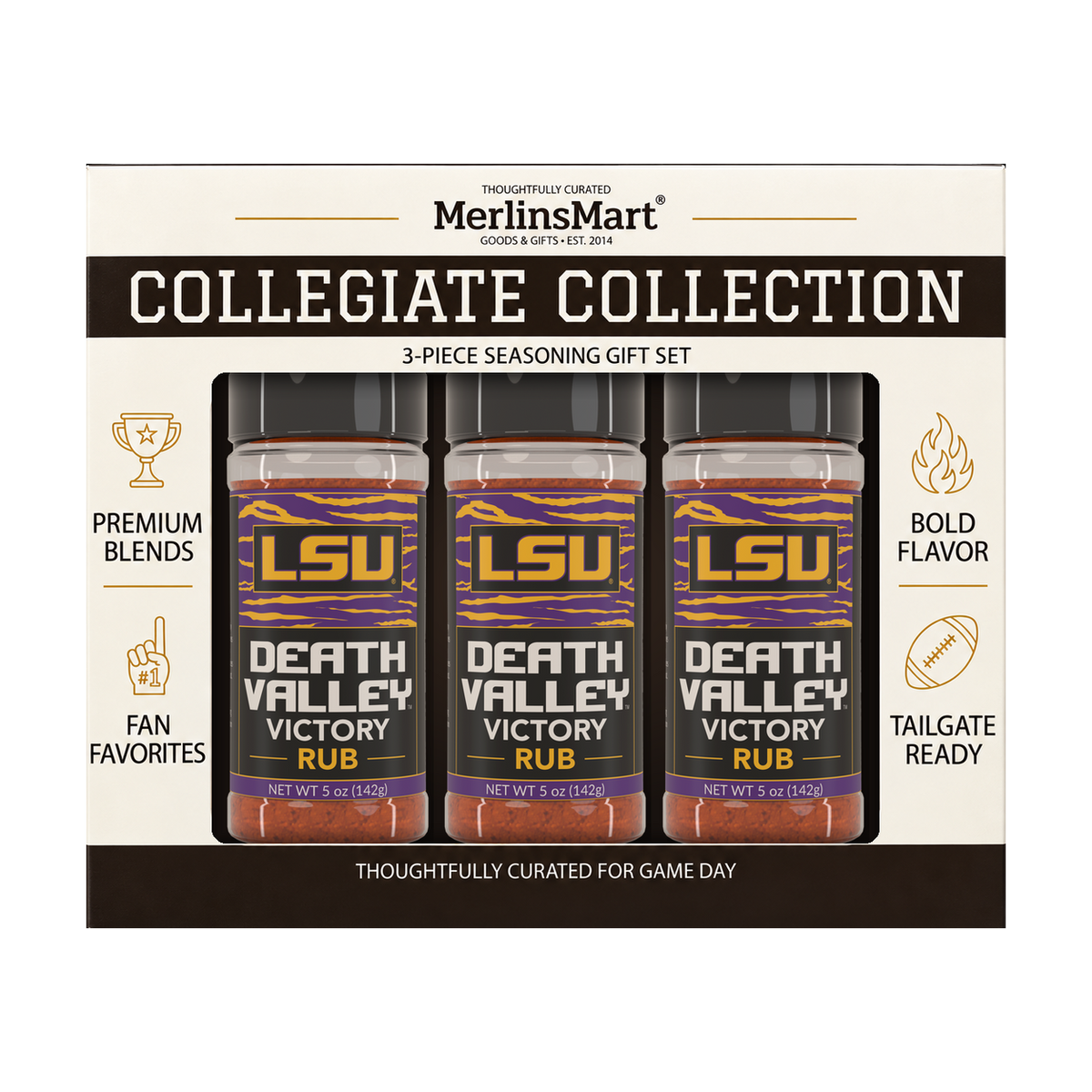MerlinsMart Death Valley Victory Rub 3-count gift box, LSU officially licensed BBQ seasoning