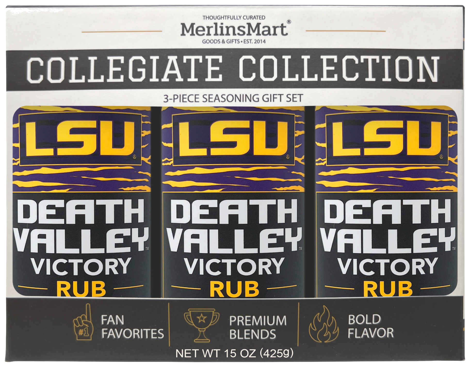 MerlinsMart Death Valley Victory Rub 3-count gift box, LSU officially licensed BBQ seasoning, three jars in packaging