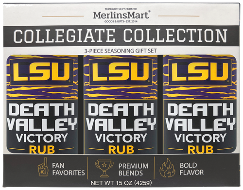 MerlinsMart Death Valley Victory Rub 3-count gift box, LSU officially licensed BBQ seasoning, three jars in packaging