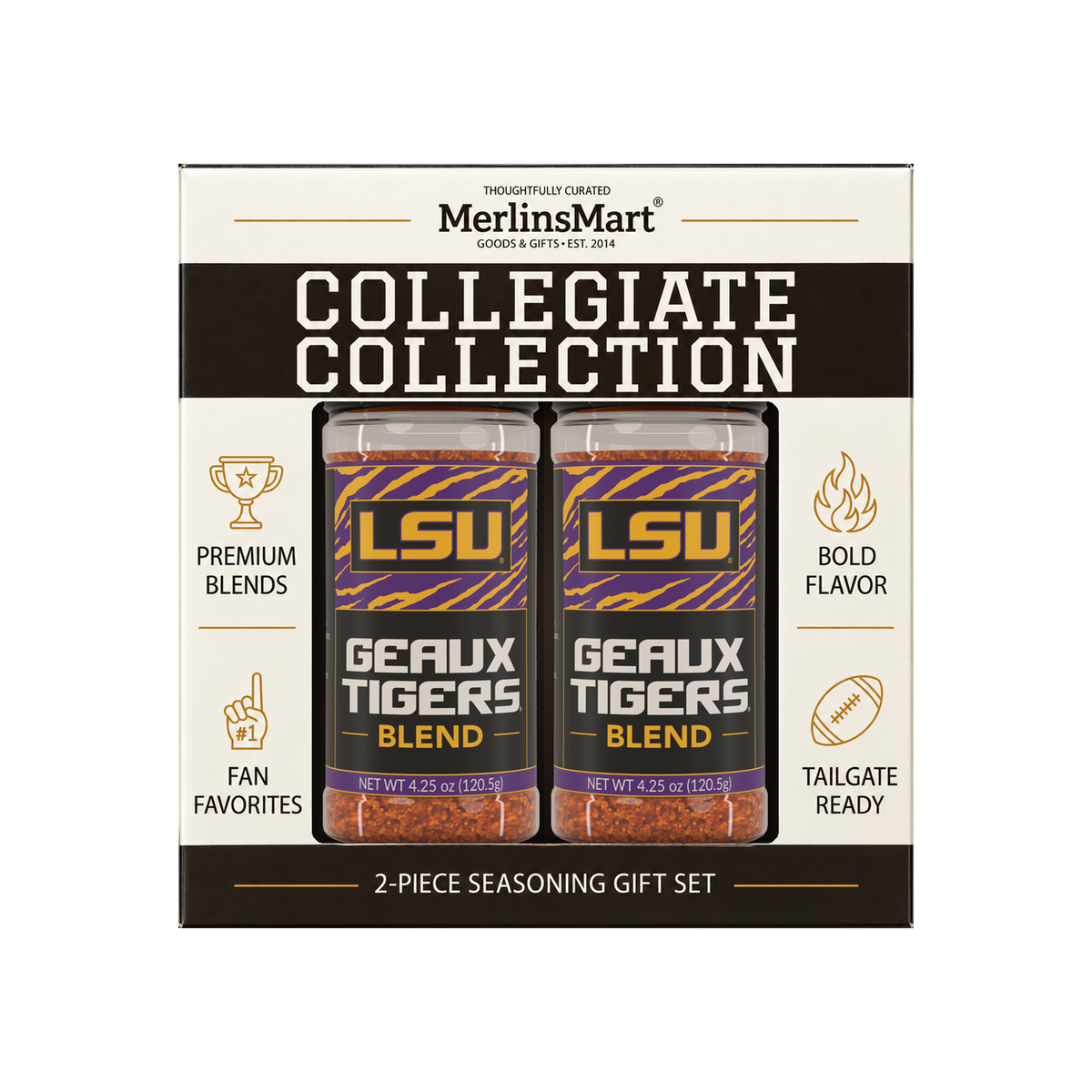 MerlinsMart Geaux Tigers Blend 2-count gift box, LSU officially licensed BBQ seasoning