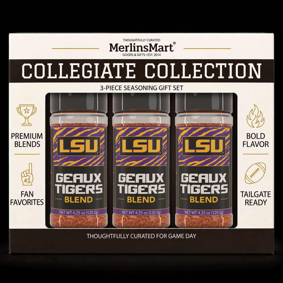 MerlinsMart Geaux Tigers Blend 3-count gift box, LSU officially licensed BBQ seasoning