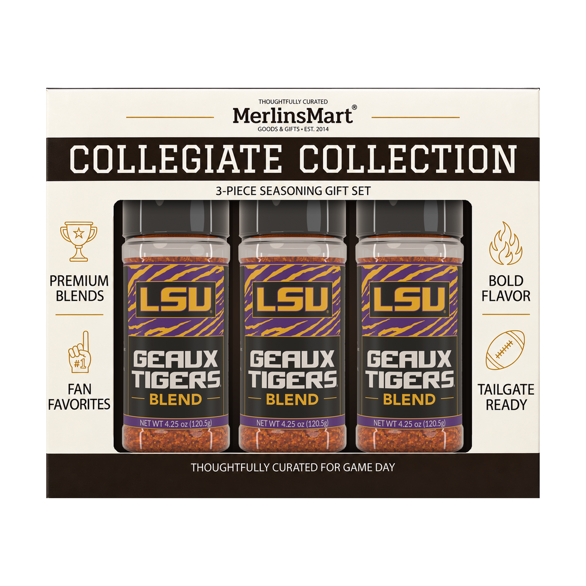 MerlinsMart Geaux Tigers Blend 3-count gift box, LSU officially licensed BBQ seasoning