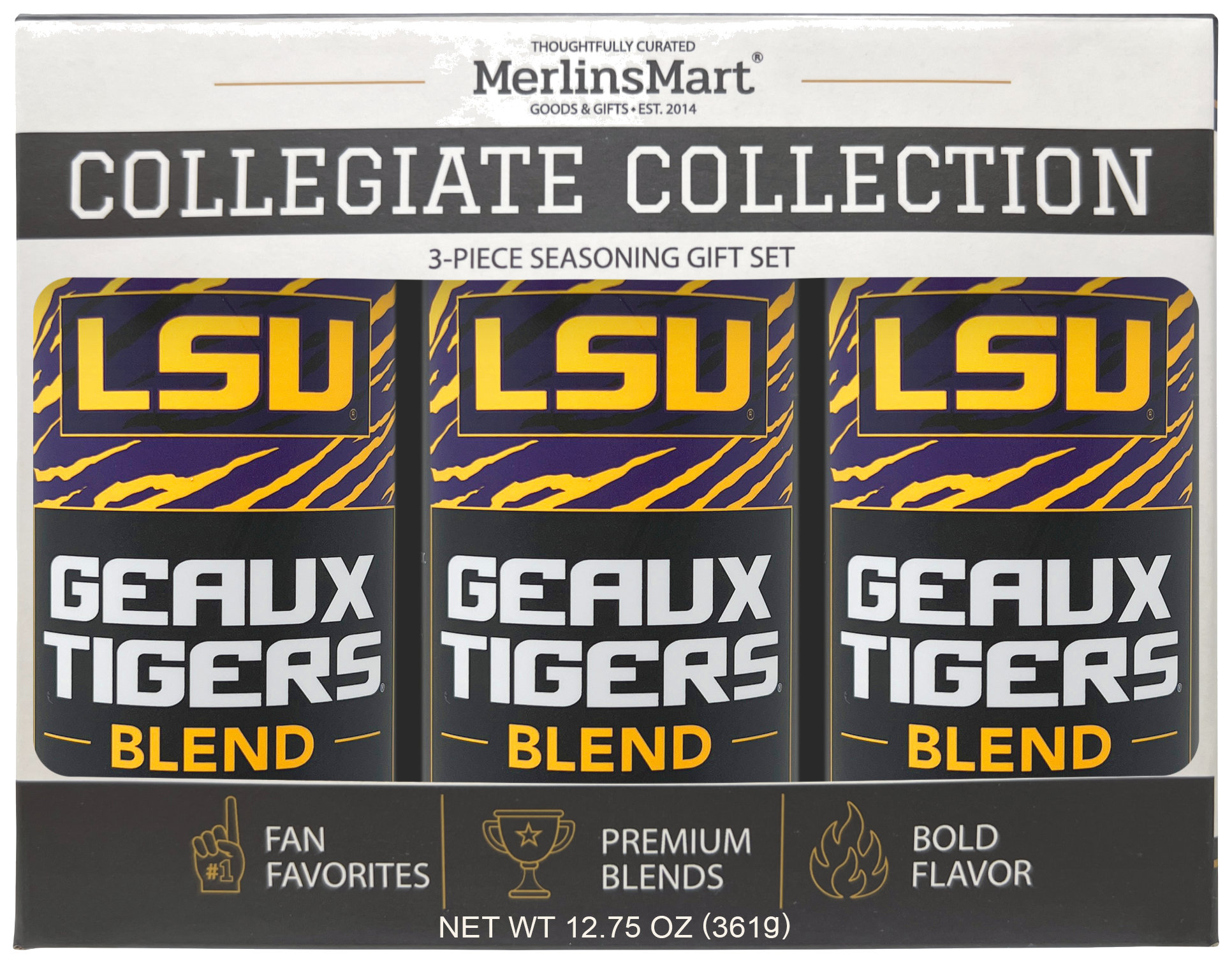 MerlinsMart Geaux Tigers Blend 3-count gift box, LSU officially licensed BBQ seasoning, three jars in packaging