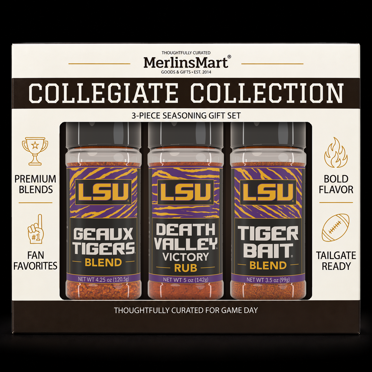 MerlinsMart LSU 3-Flavor Gift Set: Geaux Tigers Blend, Death Valley Victory Rub and Tiger Bait Blend, officially licensed BBQ seasoning gift box