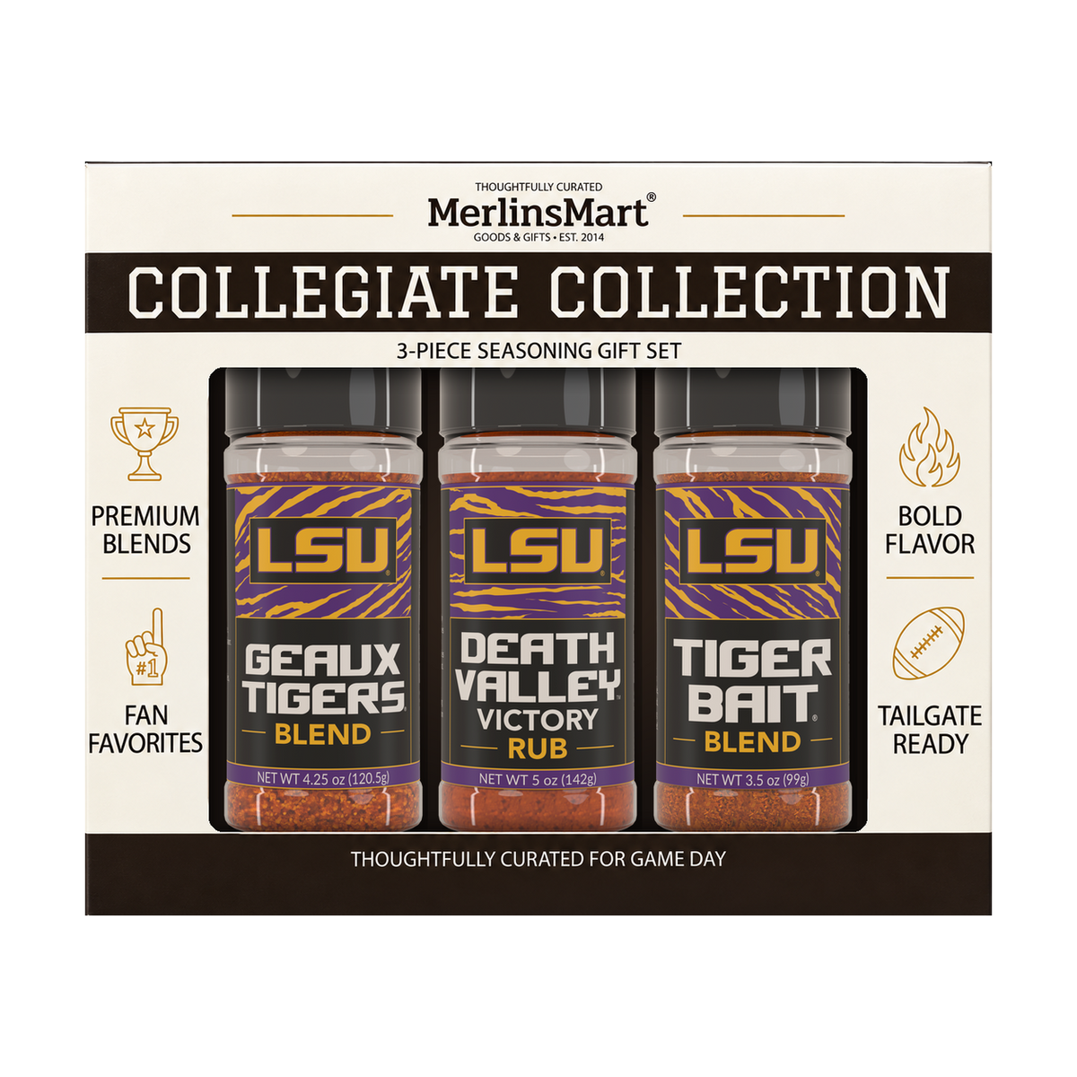 MerlinsMart LSU 3-Flavor Gift Set: Geaux Tigers Blend, Death Valley Victory Rub and Tiger Bait Blend, officially licensed BBQ seasoning gift box