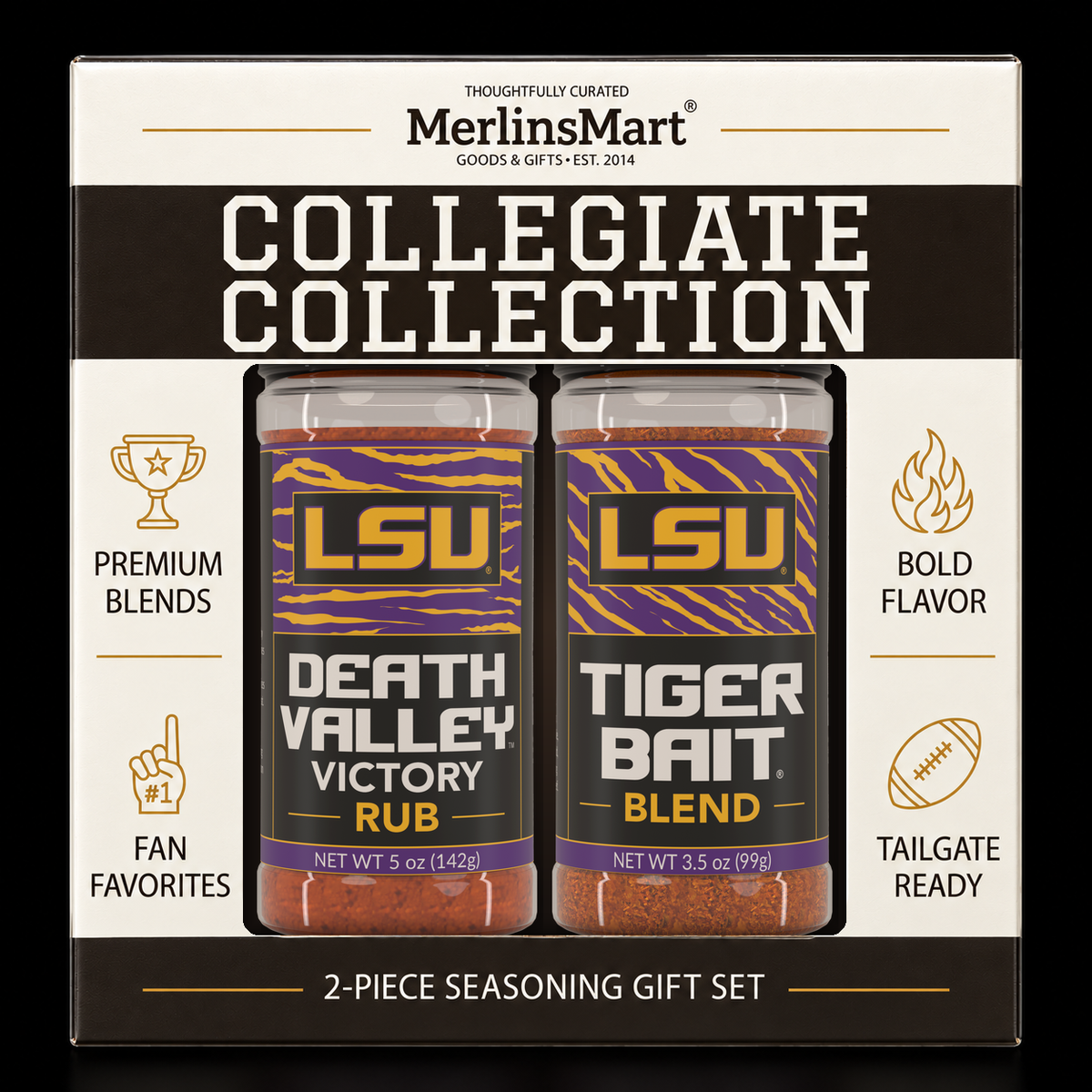 MerlinsMart LSU Gift Set: Death Valley Victory Rub and Tiger Bait Blend, officially licensed 2-flavor BBQ seasoning gift box