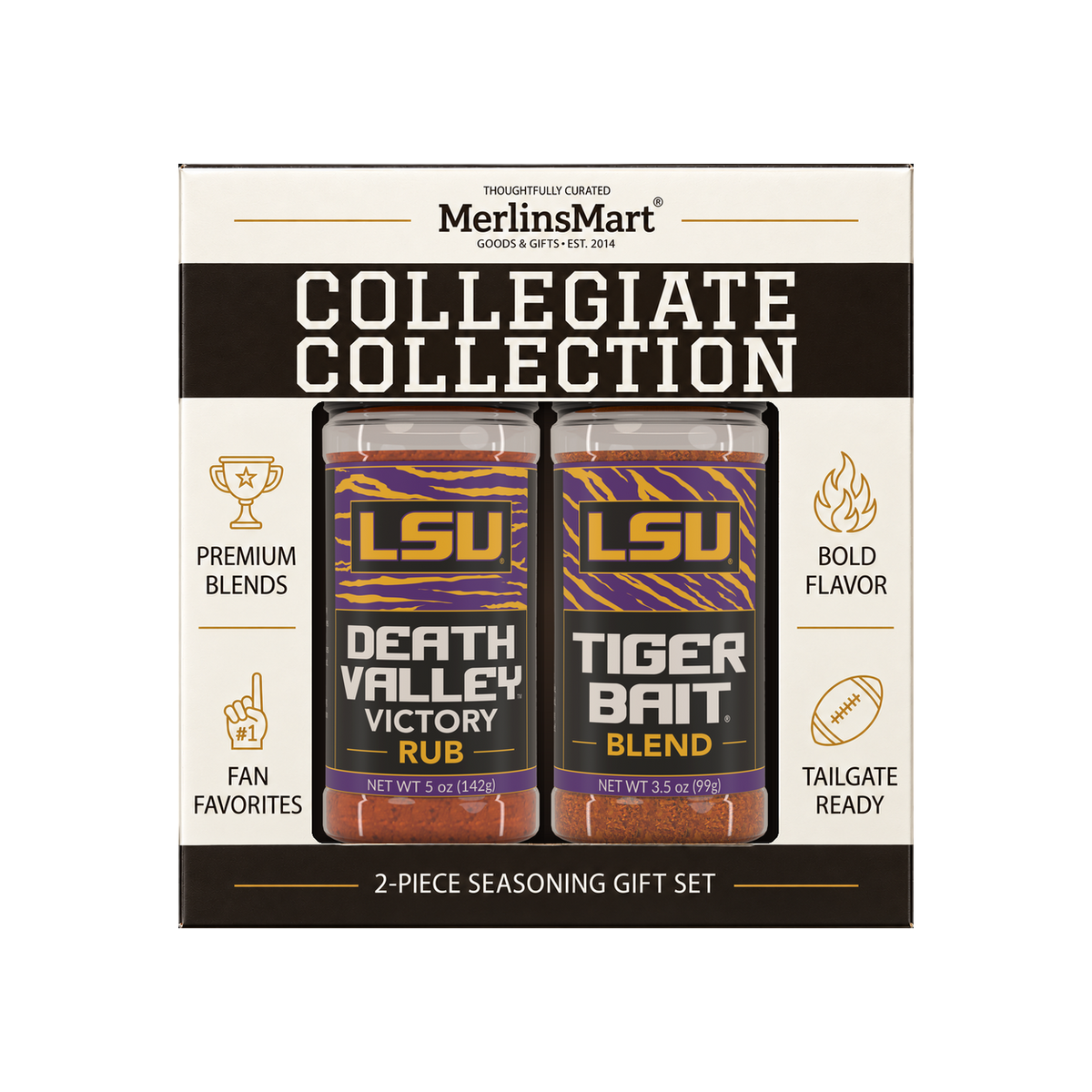 MerlinsMart LSU Gift Set: Death Valley Victory Rub and Tiger Bait Blend, officially licensed 2-flavor BBQ seasoning gift box