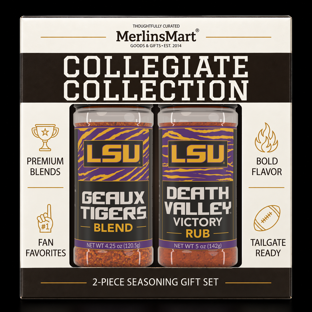 MerlinsMart LSU Gift Set: Geaux Tigers Blend and Death Valley Victory Rub, officially licensed 2-flavor BBQ seasoning gift box
