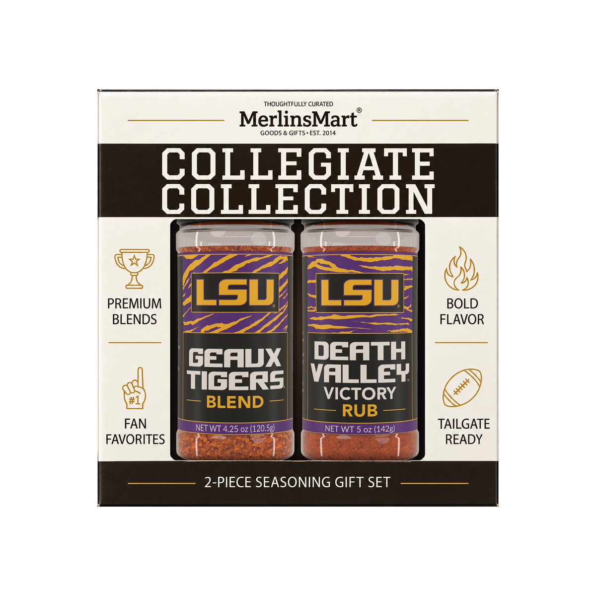 MerlinsMart LSU Gift Set: Geaux Tigers Blend and Death Valley Victory Rub, officially licensed 2-flavor BBQ seasoning gift box
