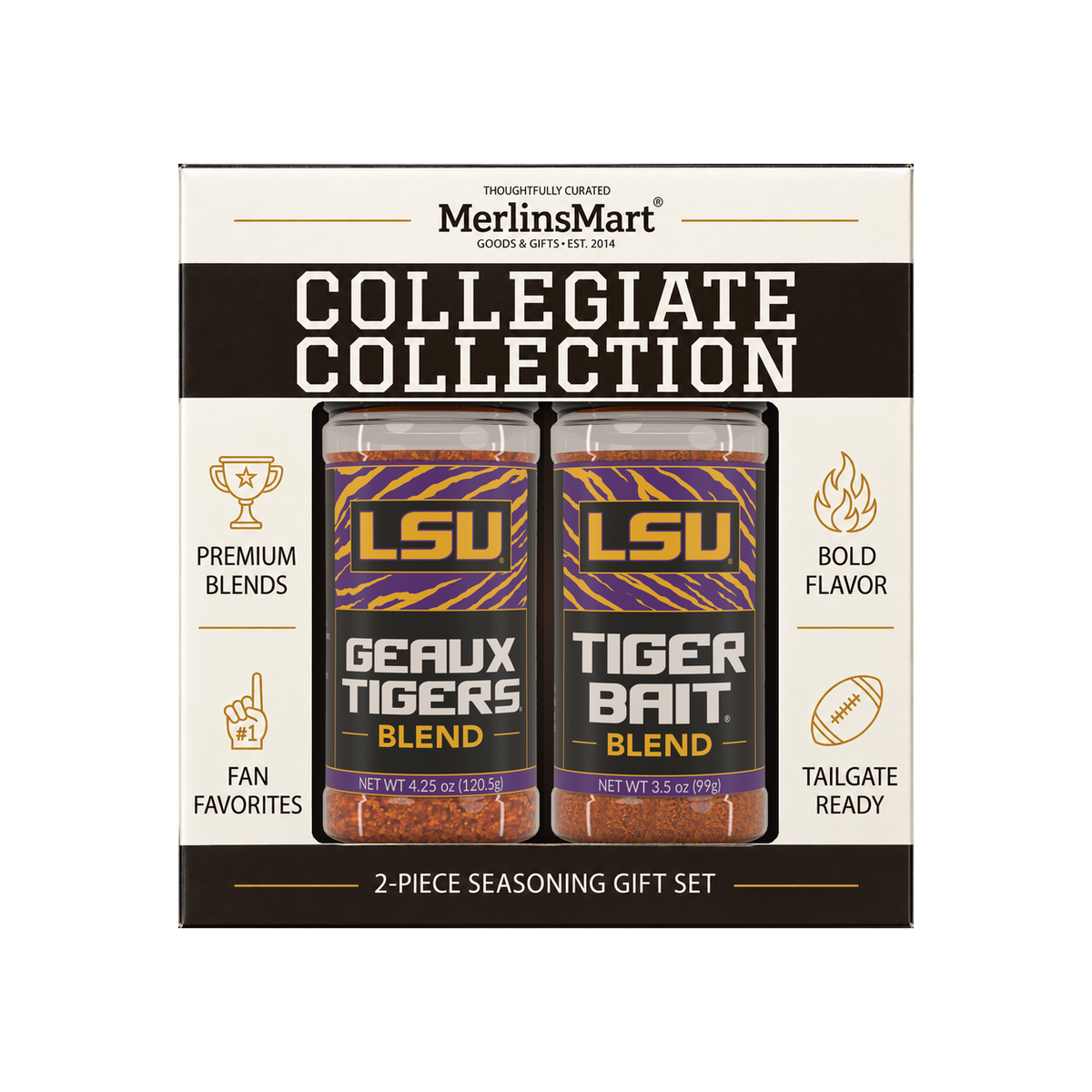MerlinsMart LSU Gift Set: Geaux Tigers Blend and Tiger Bait Blend, officially licensed 2-flavor BBQ seasoning gift box