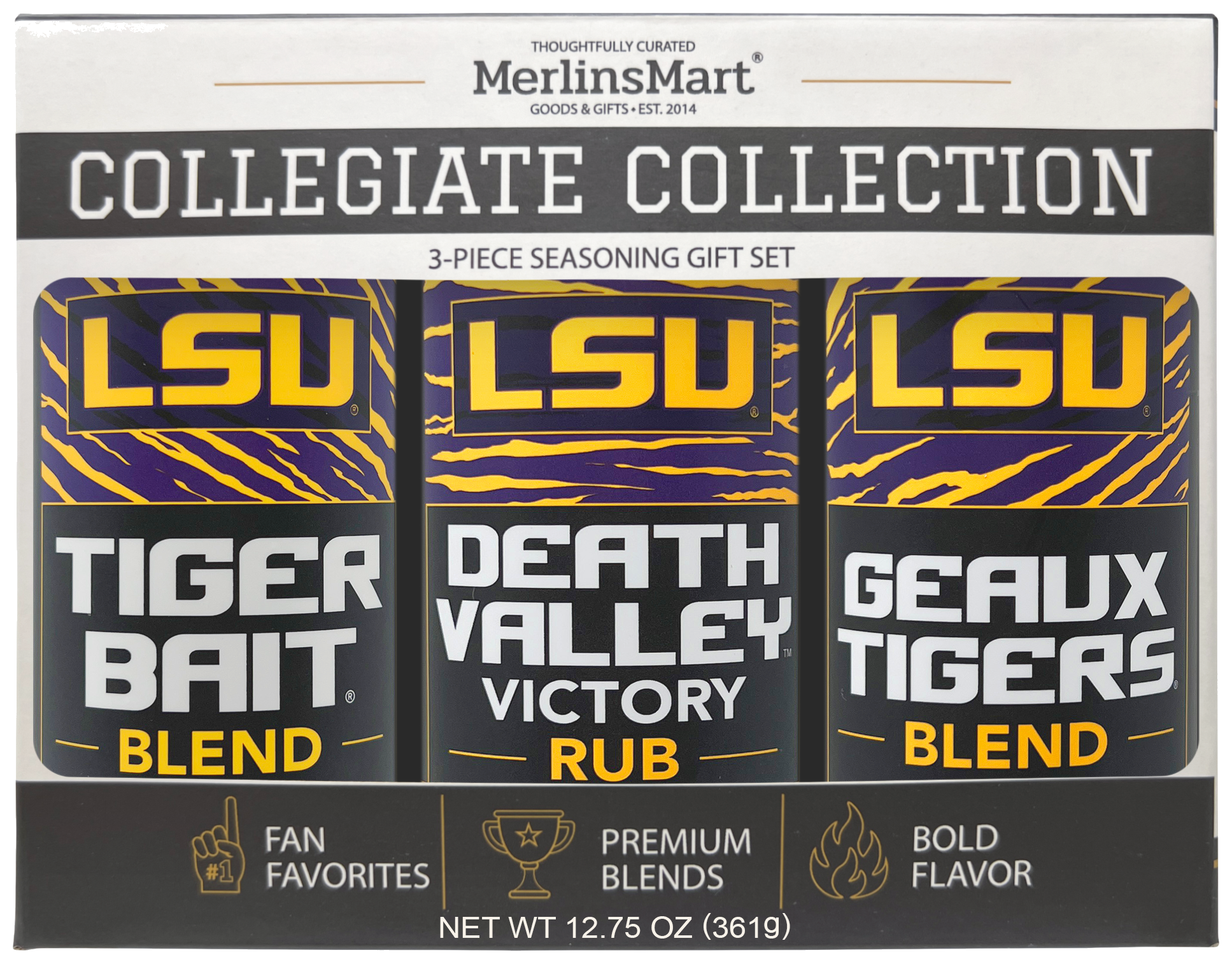 LSU 3-Flavor Collegiate Collection gift set, cutout on transparent background
