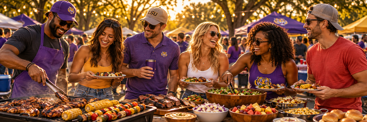 LSU tailgate cookout spread with grilled food, purple and gold game-day decor