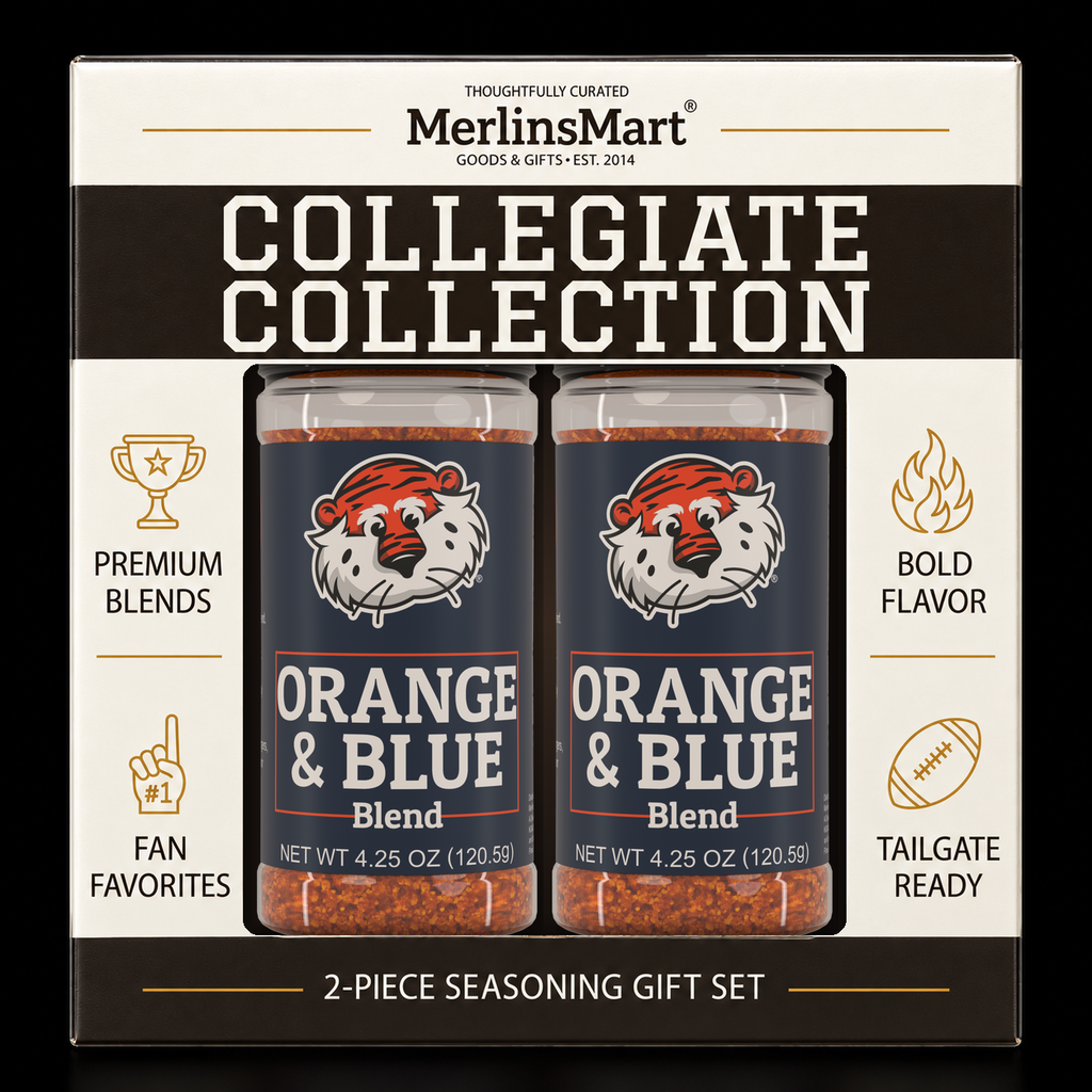 MerlinsMart Orange & Blue Blend 2-count gift box, Auburn officially licensed BBQ seasoning