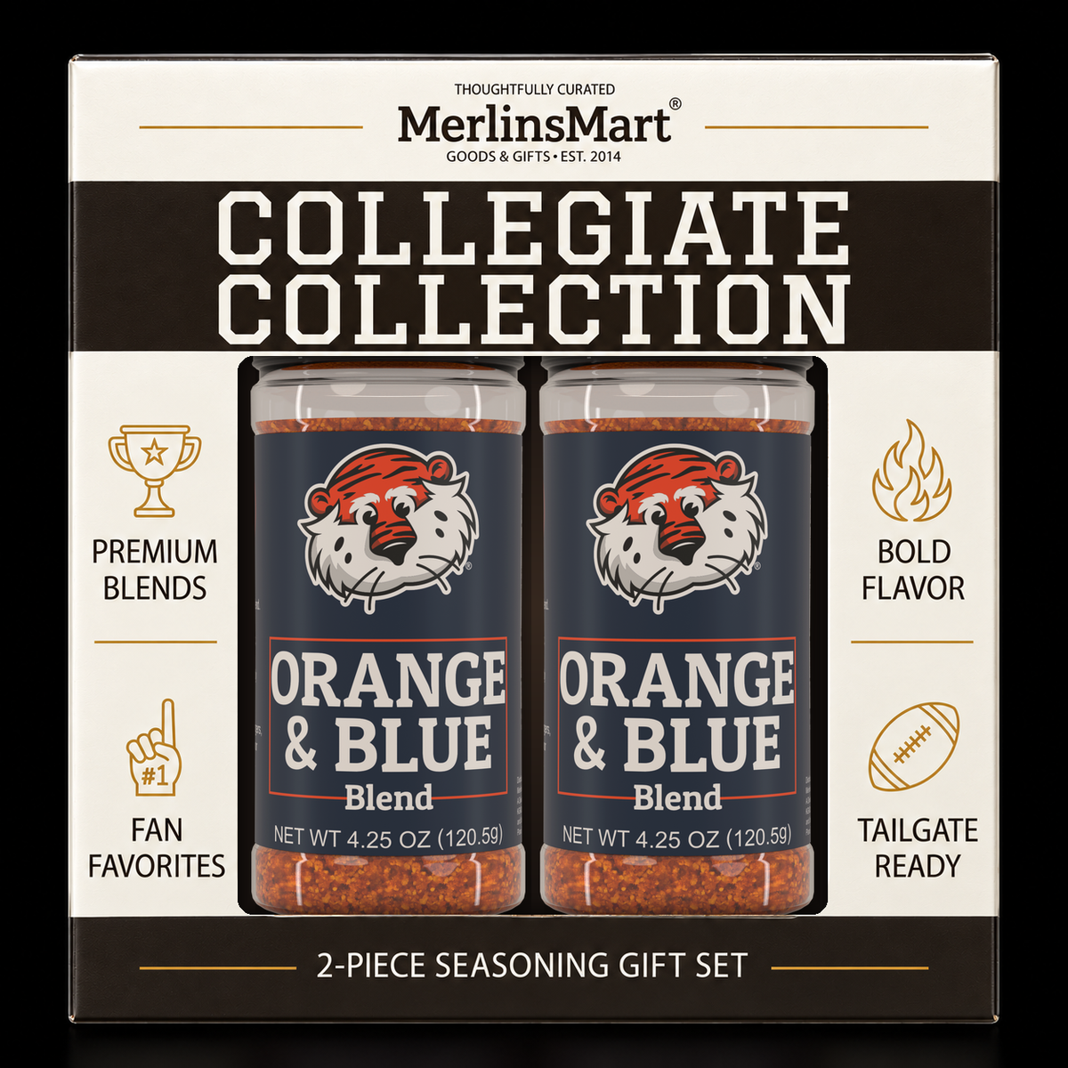 MerlinsMart Orange & Blue Blend 2-count gift box, Auburn officially licensed BBQ seasoning