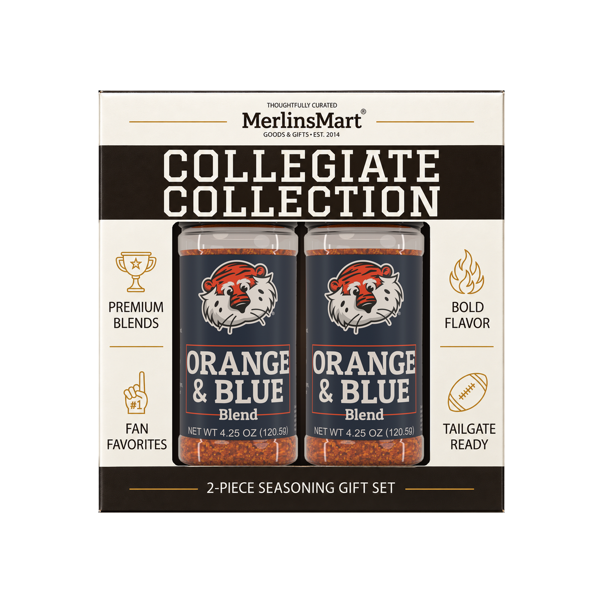 MerlinsMart Orange & Blue Blend 2-count gift box, Auburn officially licensed BBQ seasoning