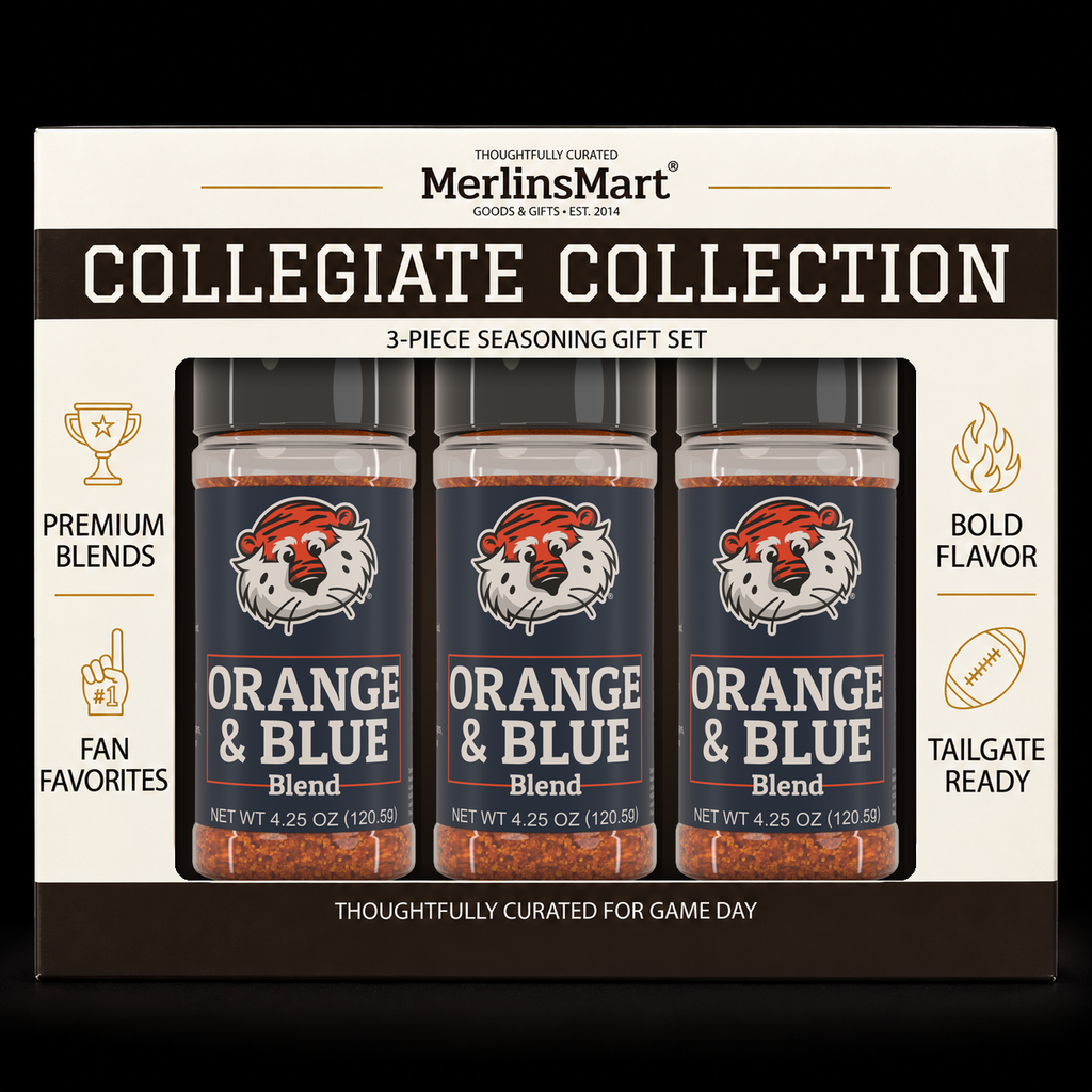 MerlinsMart Orange & Blue Blend 3-count gift box, Auburn officially licensed BBQ seasoning