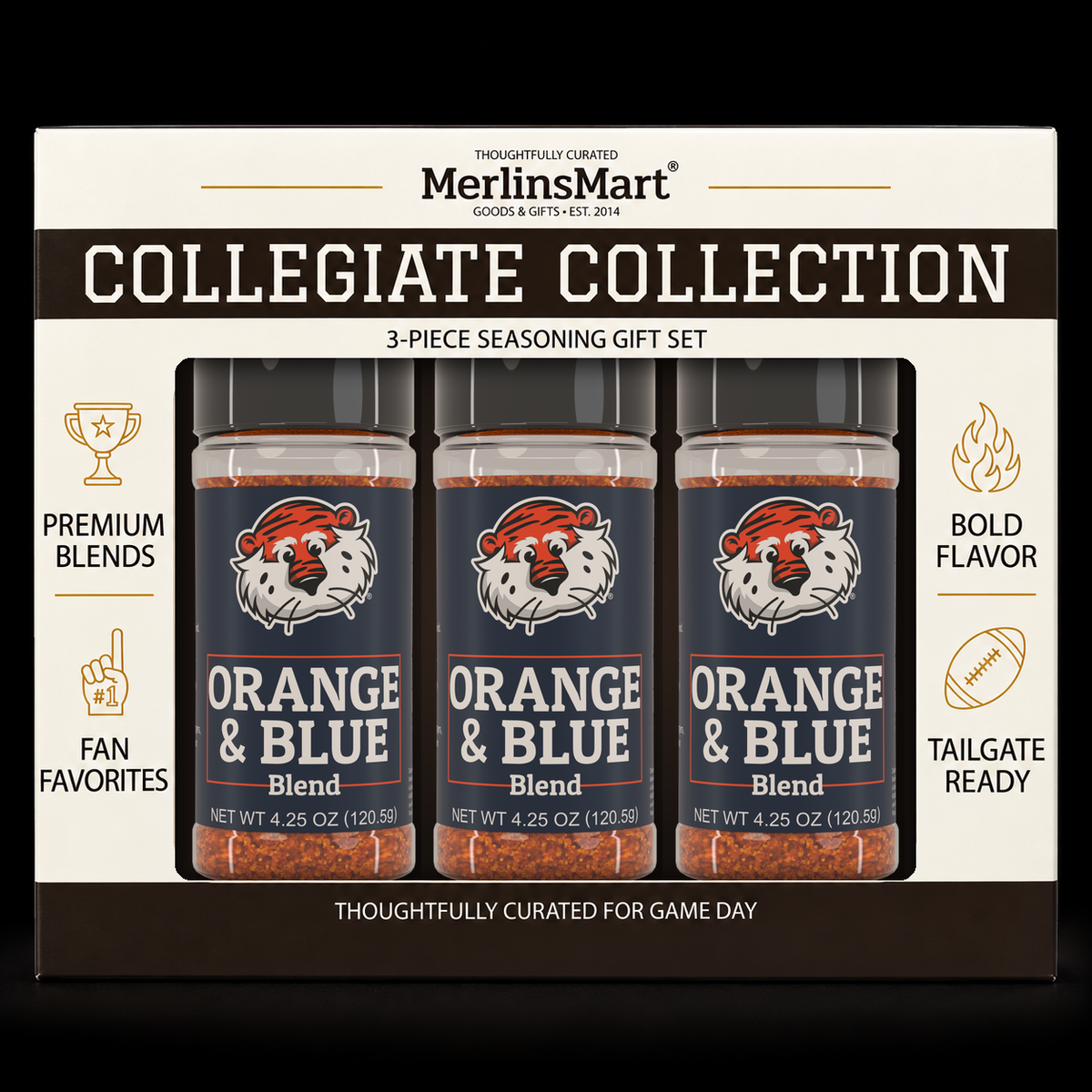 MerlinsMart Orange & Blue Blend 3-count gift box, Auburn officially licensed BBQ seasoning