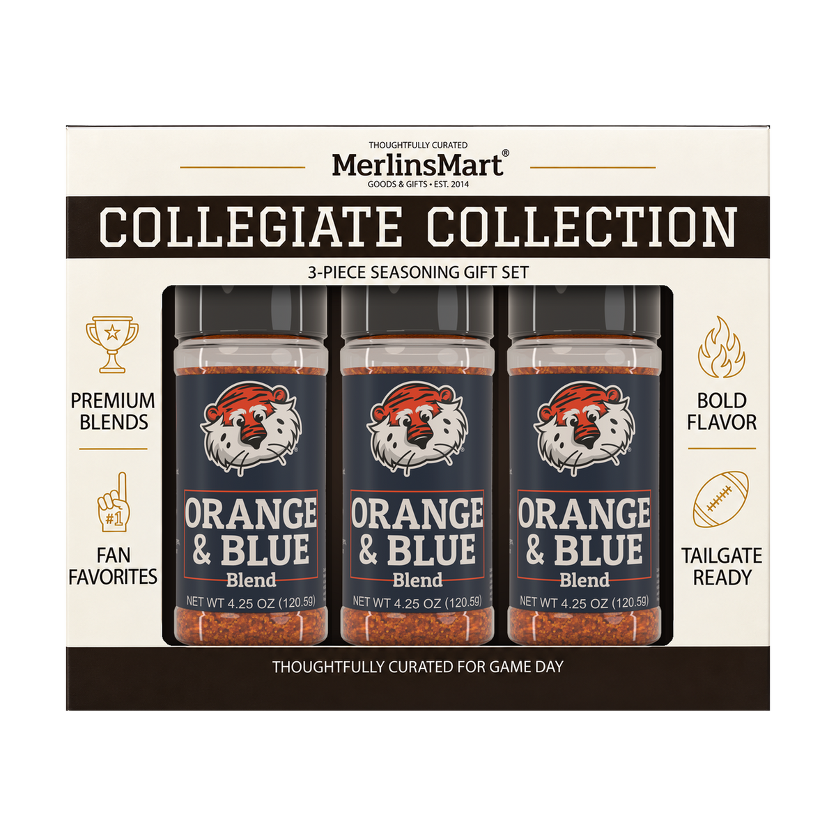 MerlinsMart Orange & Blue Blend 3-count gift box, Auburn officially licensed BBQ seasoning