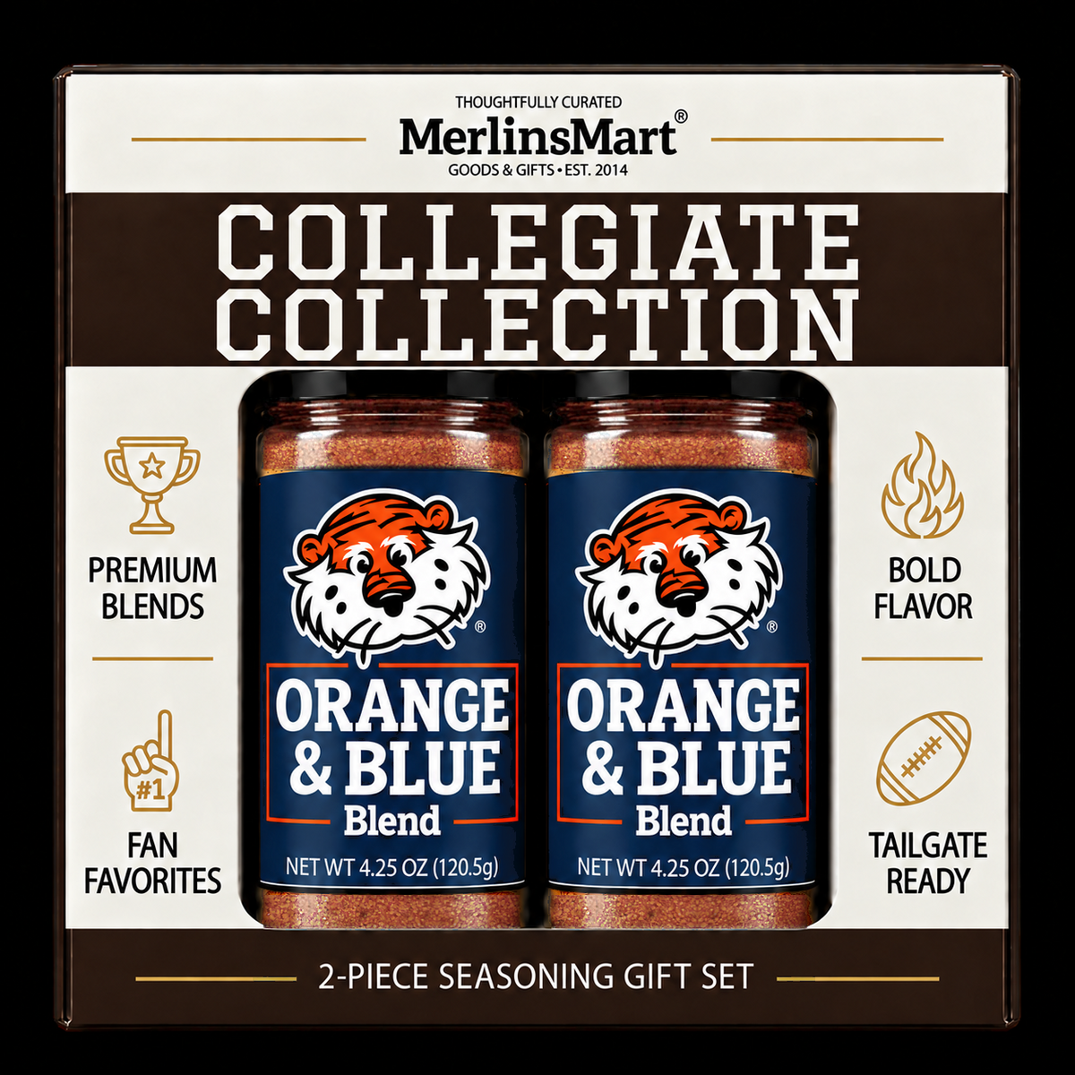 MerlinsMart Orange & Blue Blend 2-count gift box, Auburn officially licensed BBQ seasoning