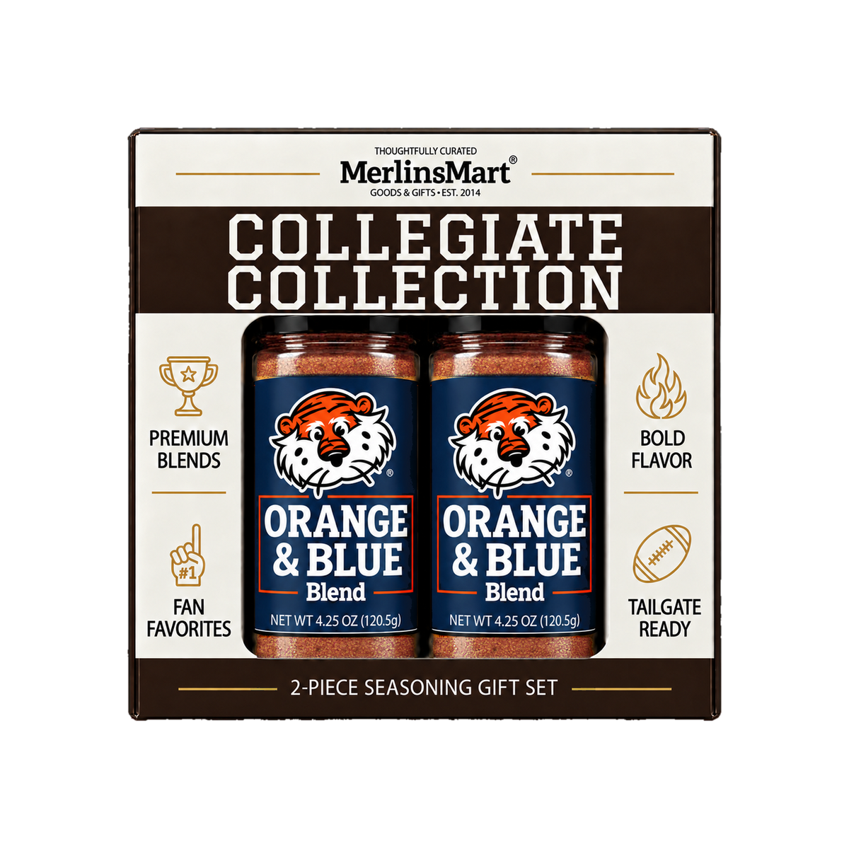 MerlinsMart Orange & Blue Blend 2-count gift box, Auburn officially licensed BBQ seasoning