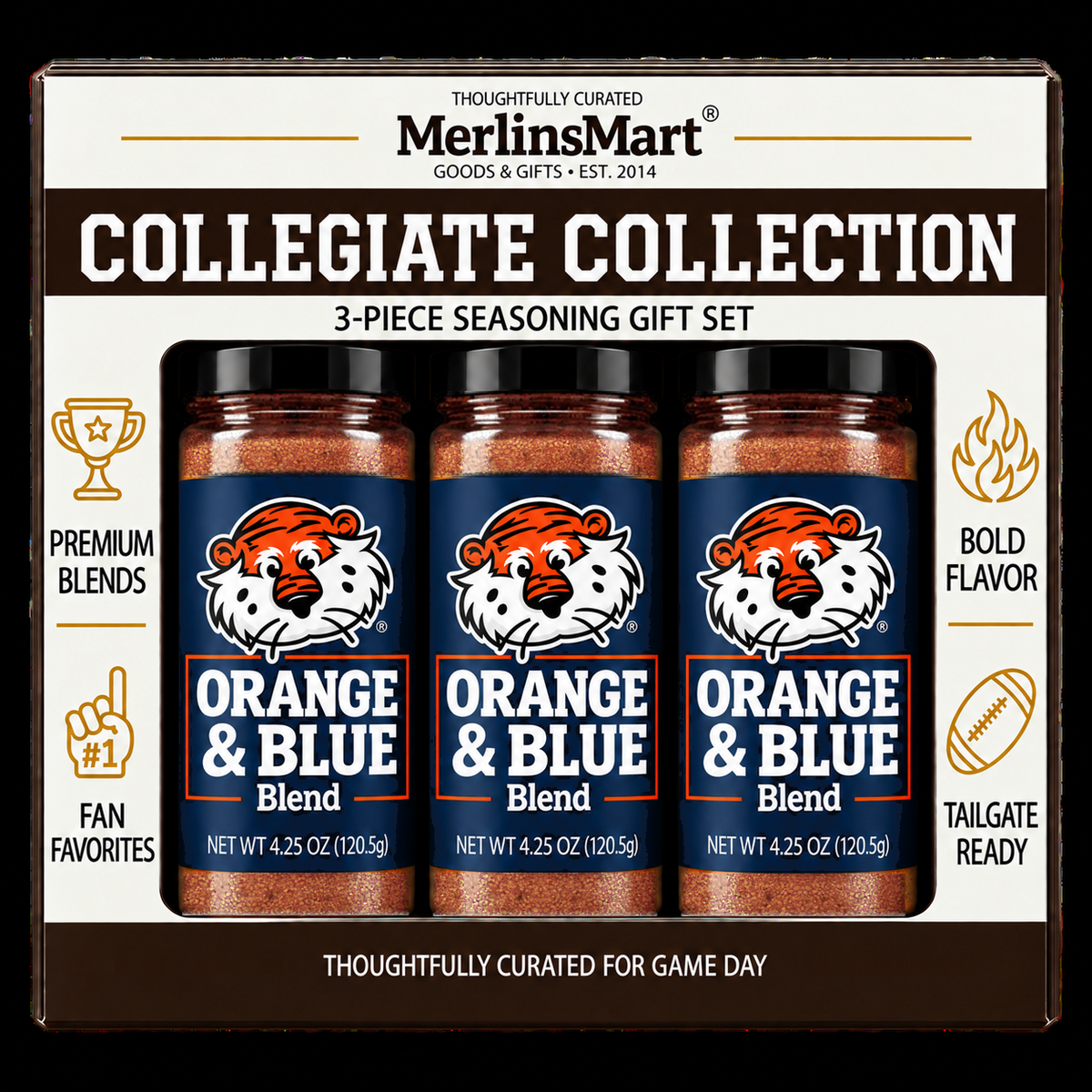 MerlinsMart Orange & Blue Blend 3-count gift box, Auburn officially licensed BBQ seasoning