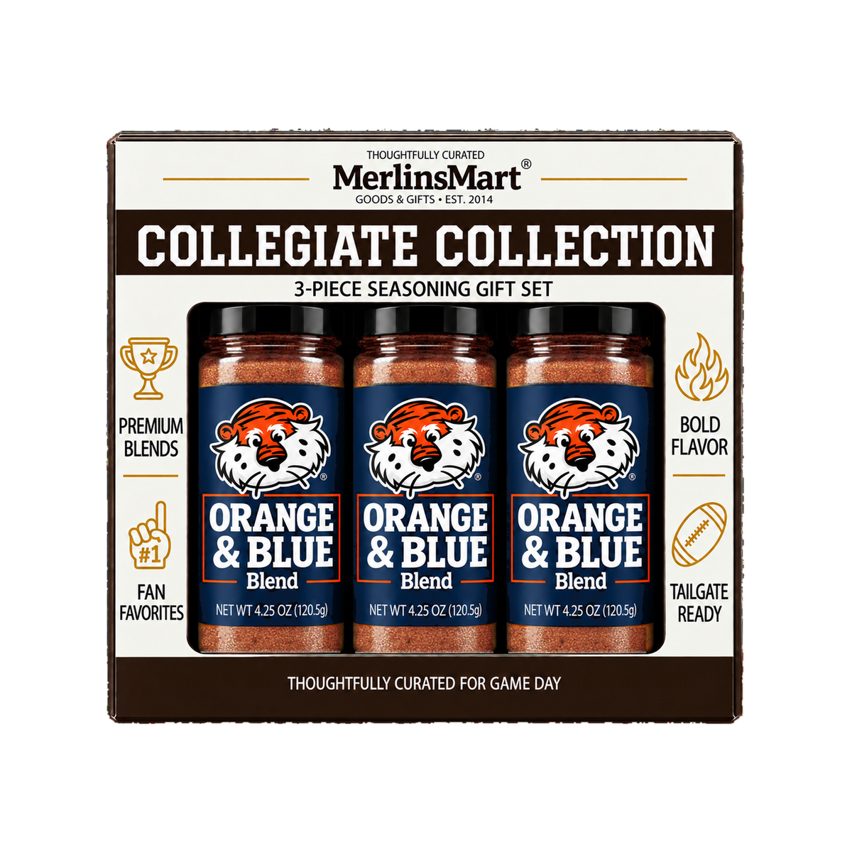 MerlinsMart Orange & Blue Blend 3-count gift box, Auburn officially licensed BBQ seasoning