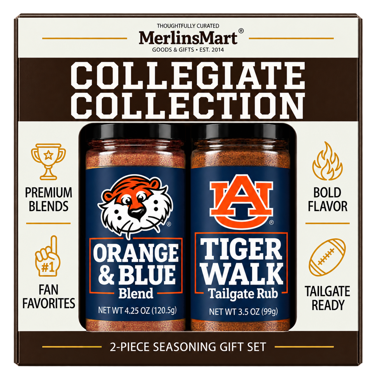 MerlinsMart Auburn Gift Set: Orange & Blue Blend and Tiger Walk Tailgate Rub, officially licensed 2-flavor BBQ seasoning gift box